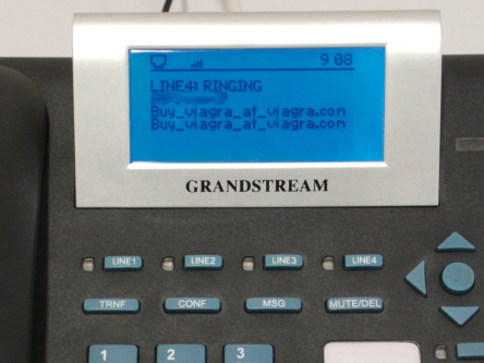 In the case of calls with spoofed From URIs, the call receiver doesn't even need to accept the call to become a SPIT victim. The figures shows a VoIP phone display with an unambiguous text of Buy_viagra_at_viagra.com as the caller's number. In the case of calls with spoofed From URIs, the call receiver doesn't even need to accept the call to become a SPIT victim. The figures shows a VoIP phone display with an unambiguous text of Buy_viagra_at_viagra.com as the caller's number.