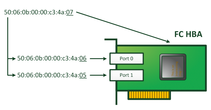 The World Wide Node Name (WWNN) and the two World Wide Port Names (WWPNs) on a dual port Fibre Channel adapter. The World Wide Node Name (WWNN) and the two World Wide Port Names (WWPNs) on a dual port Fibre Channel adapter.
