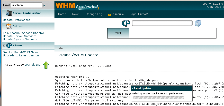 Enter "update" in the Find box and cPanel/WHM can even update cPanel/WHM. Enter "update" in the Find box and cPanel/WHM can even update cPanel/WHM.