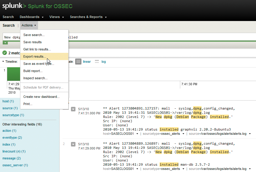 Export OSSEC search results. Export OSSEC search results.