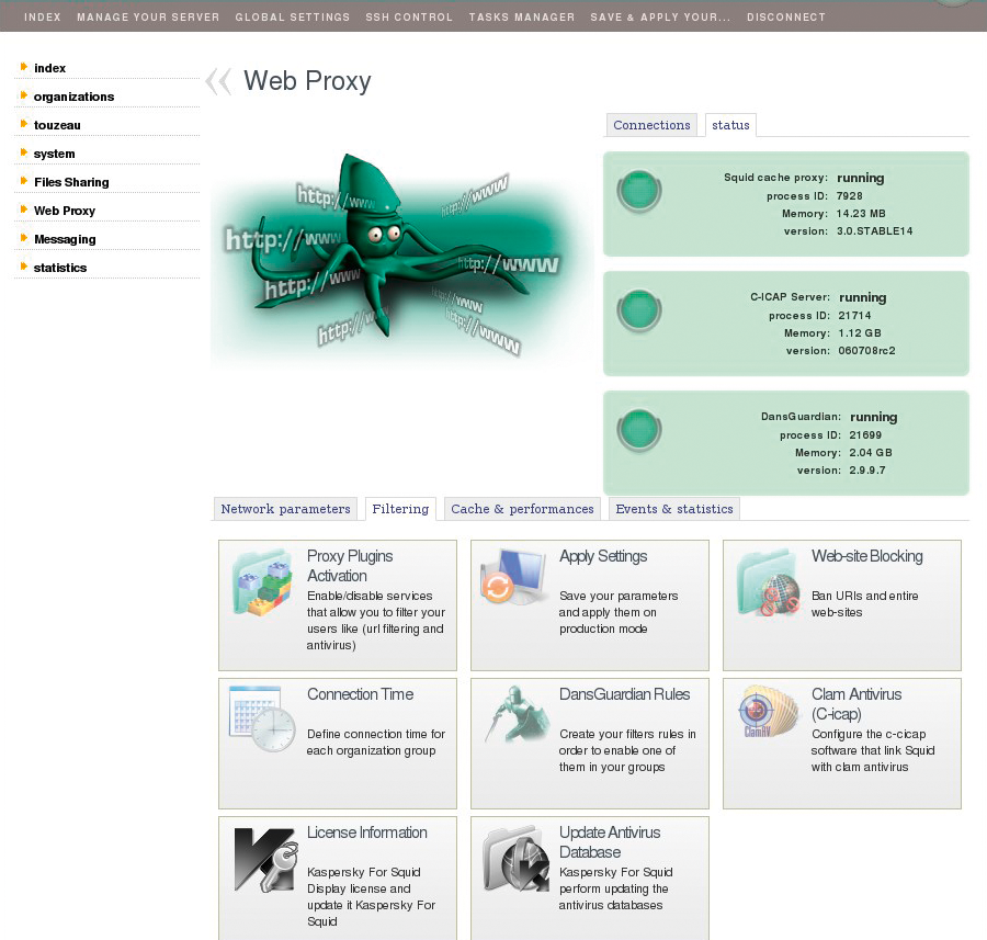 DansGuardian provides a number of web proxy and content filtering services. DansGuardian provides a number of web proxy and content filtering services.