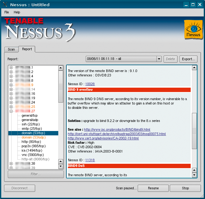 Nessus uses the Report tab to display the results of the security scan. The color of an entry tells you how dangerous it is. Nessus uses the Report tab to display the results of the security scan. The color of an entry tells you how dangerous it is.
