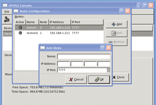 Cluster configuration with the ocfs2console GUI tool. Cluster configuration with the ocfs2console GUI tool.