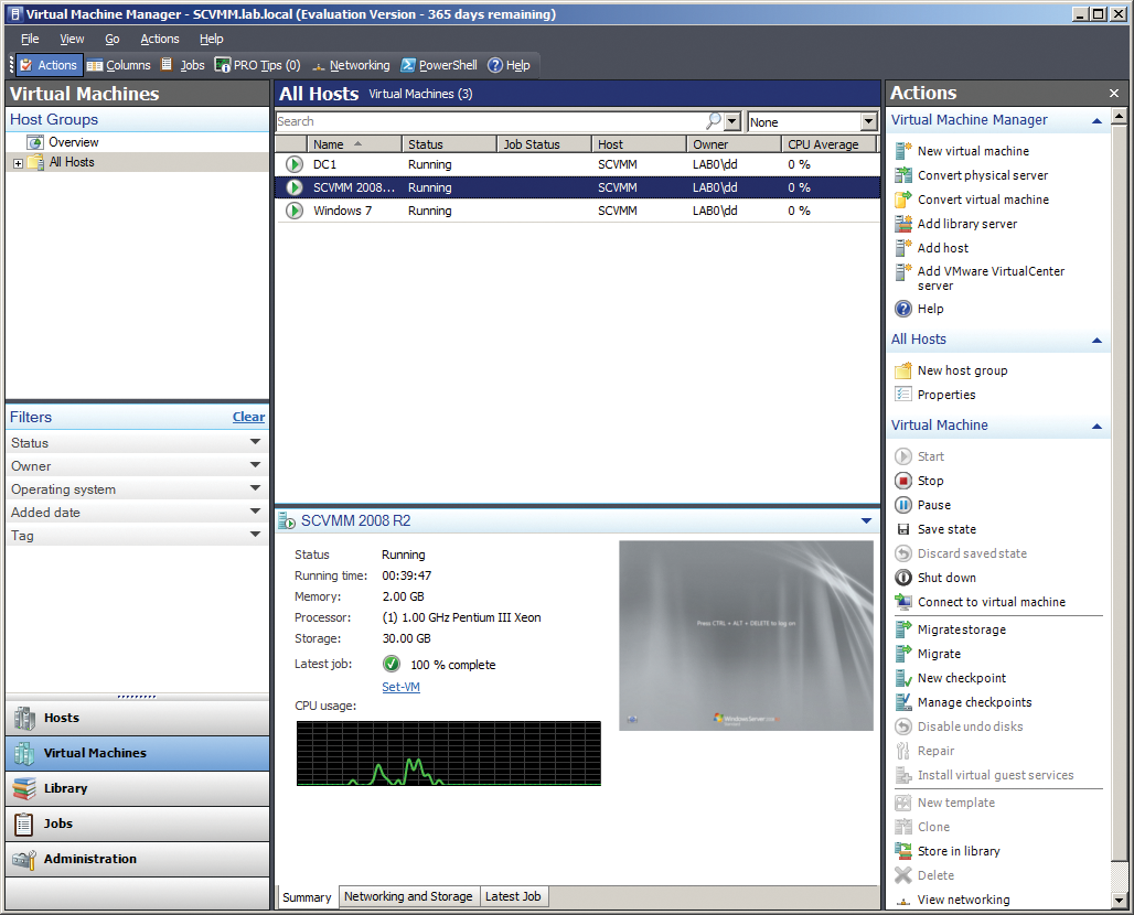 The management console gives you an overview of the virtual machines in the central panel and the system load for the selected VM below. The management console gives you an overview of the virtual machines in the central panel and the system load for the selected VM below.