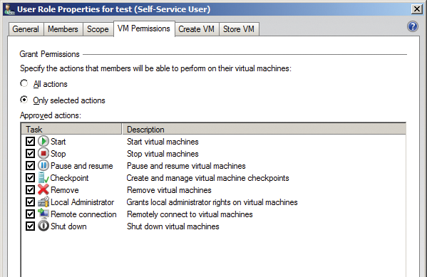 Privileges in the self-service portal: The Web Admins user group is allowed to manage its own virtual machines. Privileges in the self-service portal: The Web Admins user group is allowed to manage its own virtual machines.
