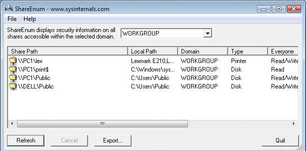 ShareEnum gives you a neat list of all the shares and assigned privileges on the network. ShareEnum gives you a neat list of all the shares and assigned privileges on the network.
