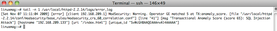 Once ModSecurity has been enabled, it will log suspicious activity at the detail level specified in SecAuditLogParts – in this case, an SQL injection attack. Once ModSecurity has been enabled, it will log suspicious activity at the detail level specified in SecAuditLogParts – in this case, an SQL injection attack.