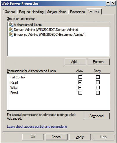 If you are unable to request a certificate, you can check the privileges in the certificate template for web servers to see whether Enroll is allowed. If you are unable to request a certificate, you can check the privileges in the certificate template for web servers to see whether Enroll is allowed.