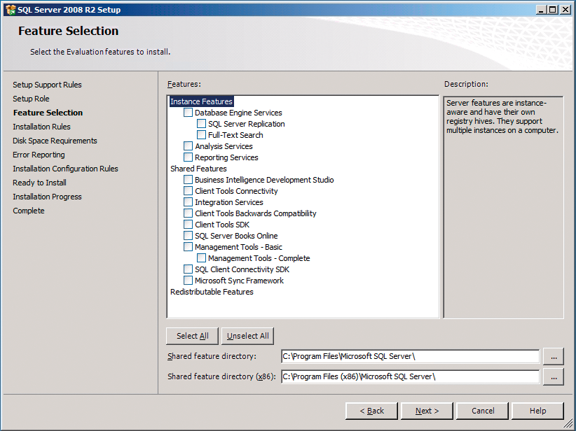 Administrators can chose from various features. During a SysPrep installation, only the Database Engine and Reporting services are available. Administrators can chose from various features. During a SysPrep installation, only the Database Engine and Reporting services are available.