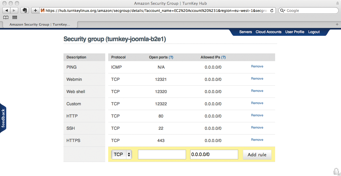 The firewall settings for the running software appliances can be modified in the TurnKey Linux GUI. The firewall settings for the running software appliances can be modified in the TurnKey Linux GUI.