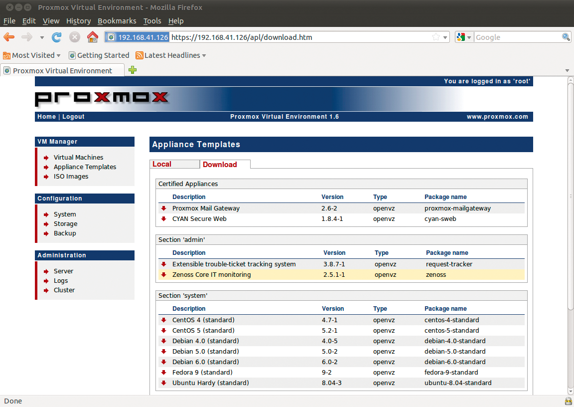 Proxmox offers pre-built OpenVZ templates in the GUI. Proxmox offers pre-built OpenVZ templates in the GUI.