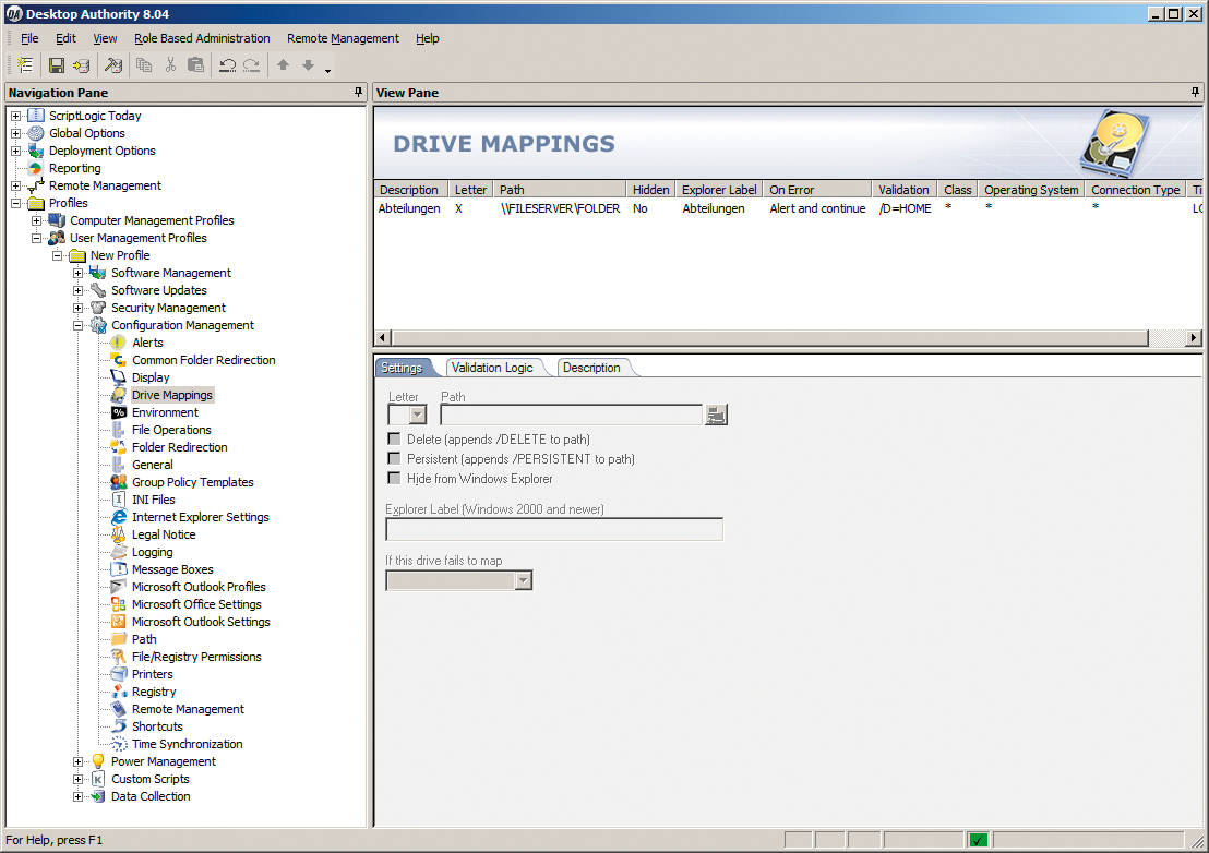 The Desktop Authority Manager window in a typical Windows layout with the navigation tree on the left and the details in the main panel. The Desktop Authority Manager window in a typical Windows layout with the navigation tree on the left and the details in the main panel.