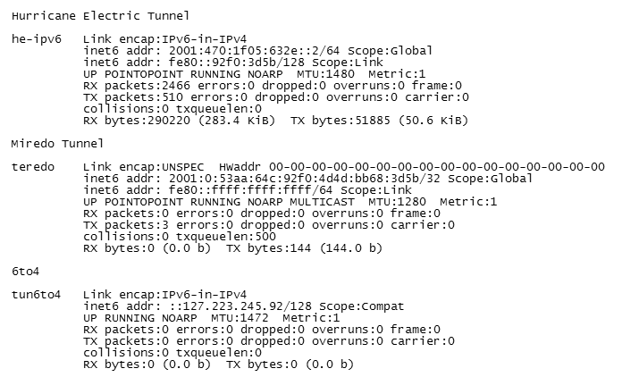 The different types of IPv6 tunnel ifconfig output. The different types of IPv6 tunnel ifconfig output.