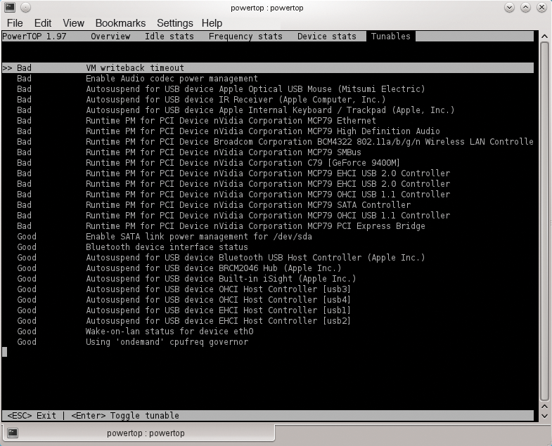 The Tunables tab contains a list of power-saving tips in PowerTOP 2.0. Note that VM in the first tip stands for virtual memory, not virtual machine. The Tunables tab contains a list of power-saving tips in PowerTOP 2.0. Note that VM in the first tip stands for virtual memory, not virtual machine.
