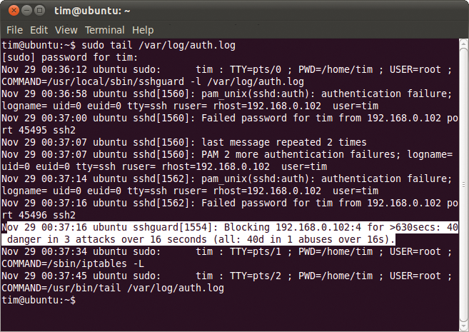 Sshguard has identified an attack and blocks the client; it nicely logs this action in auth.log (highlighted). Sshguard has identified an attack and blocks the client; it nicely logs this action in auth.log (highlighted).