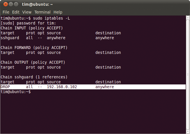 Sshguard is now blocking a client (highlighted). You need to check the corresponding logfile to find out why. Sshguard is now blocking a client (highlighted). You need to check the corresponding logfile to find out why.