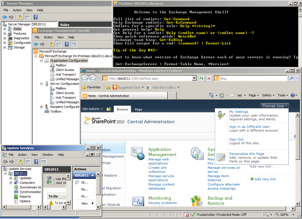 Experienced administrators can use the advanced management tools in SBS 2011. Experienced administrators can use the advanced management tools in SBS 2011.