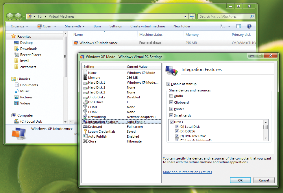 The integration Features and other settings for XP Mode can only be changed after shutting down XP Mode, as indicated by "Powered down" under Machine status. The integration Features and other settings for XP Mode can only be changed after shutting down XP Mode, as indicated by "Powered down" under Machine status.