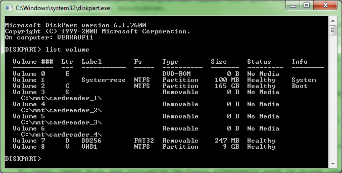 The list volume command displays the volume number and drive letter mappings. The list volume command displays the volume number and drive letter mappings.