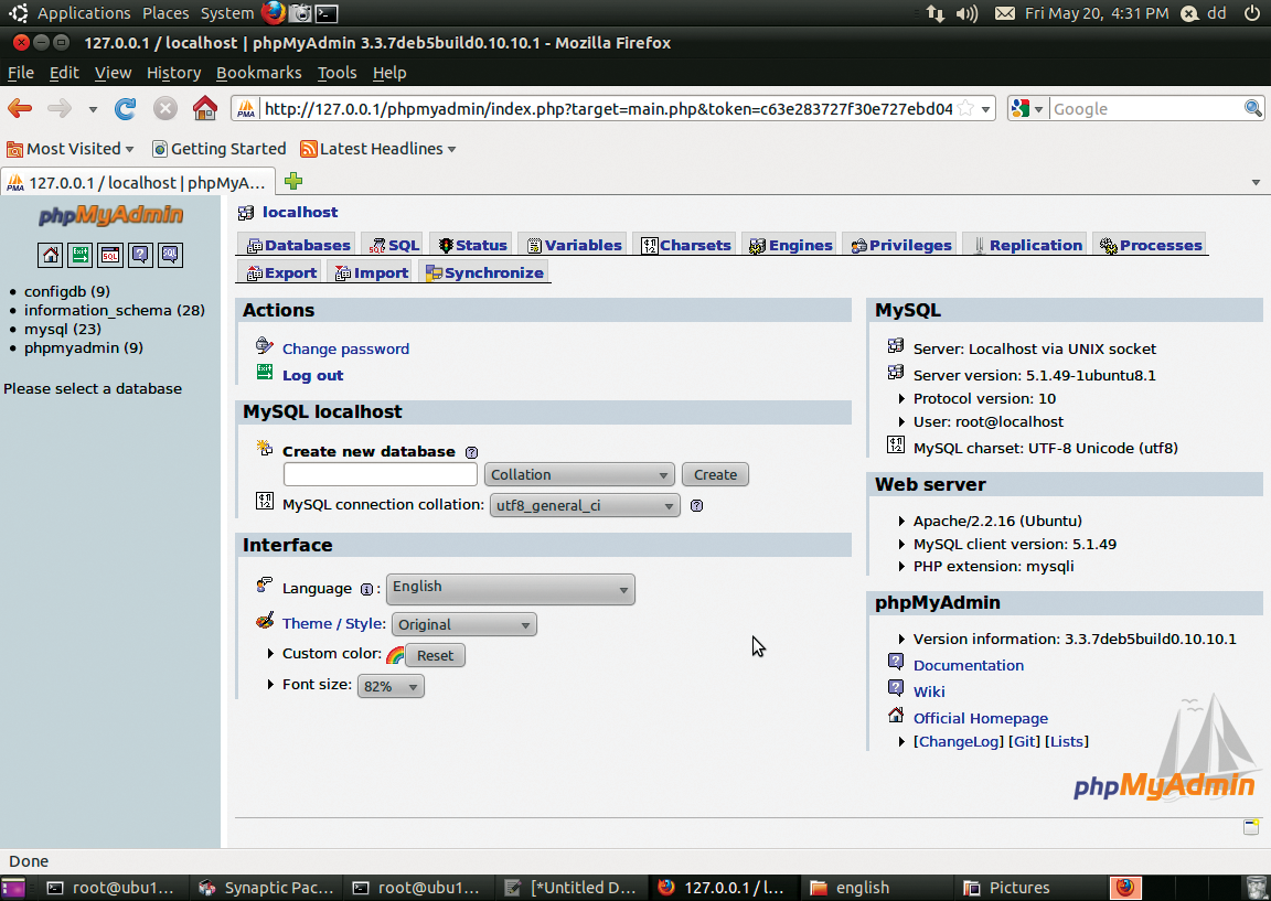 Displaying, changing, or creating users and their passwords in the Privileges tab. After successfully initializing the Open-Xchange database, phpMyAdmin shows the matching configdb database. Displaying, changing, or creating users and their passwords in the Privileges tab. After successfully initializing the Open-Xchange database, phpMyAdmin shows the matching configdb database.