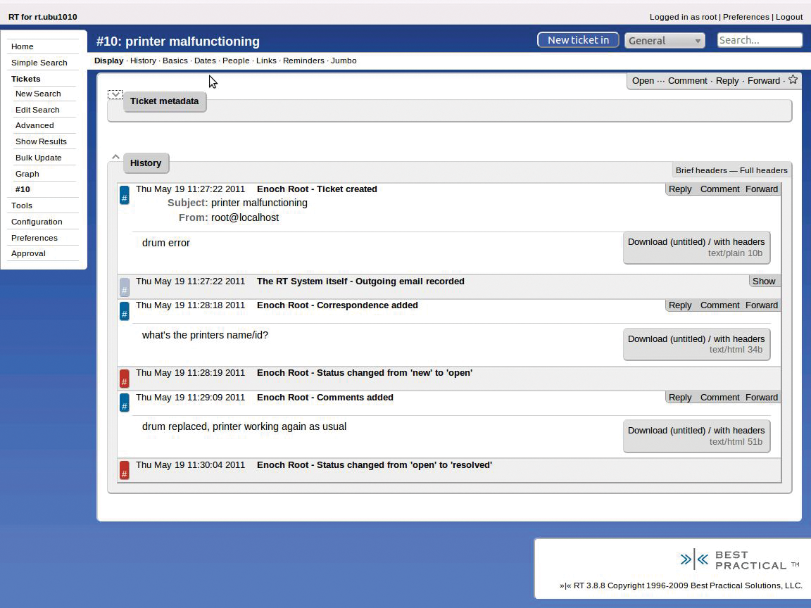 View of the processing history of the ticket. View of the processing history of the ticket.