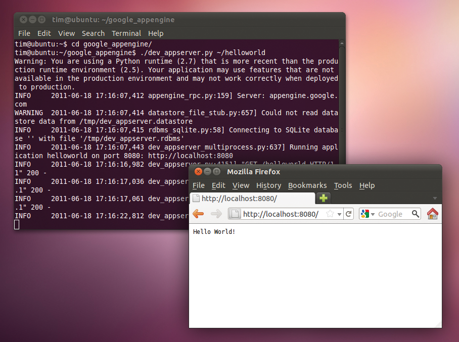 The web server provided with the SDK runs in the background, serving up the Hello World application. The web server provided with the SDK runs in the background, serving up the Hello World application.