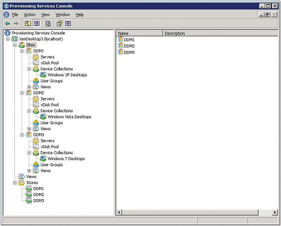 The Citrix Provisioning Service Console listing the sites, servers, and collections belonging to a farm. The Citrix Provisioning Service Console listing the sites, servers, and collections belonging to a farm.