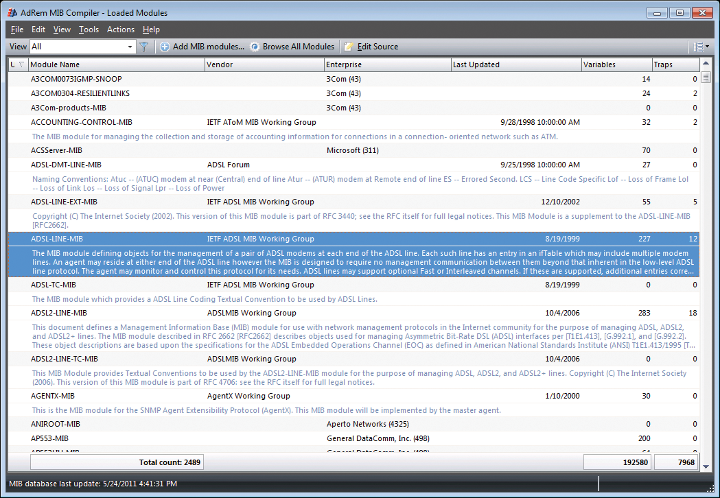 Administrators can add new MIB databases to NetCrunch via the MIB Compiler. Administrators can add new MIB databases to NetCrunch via the MIB Compiler.