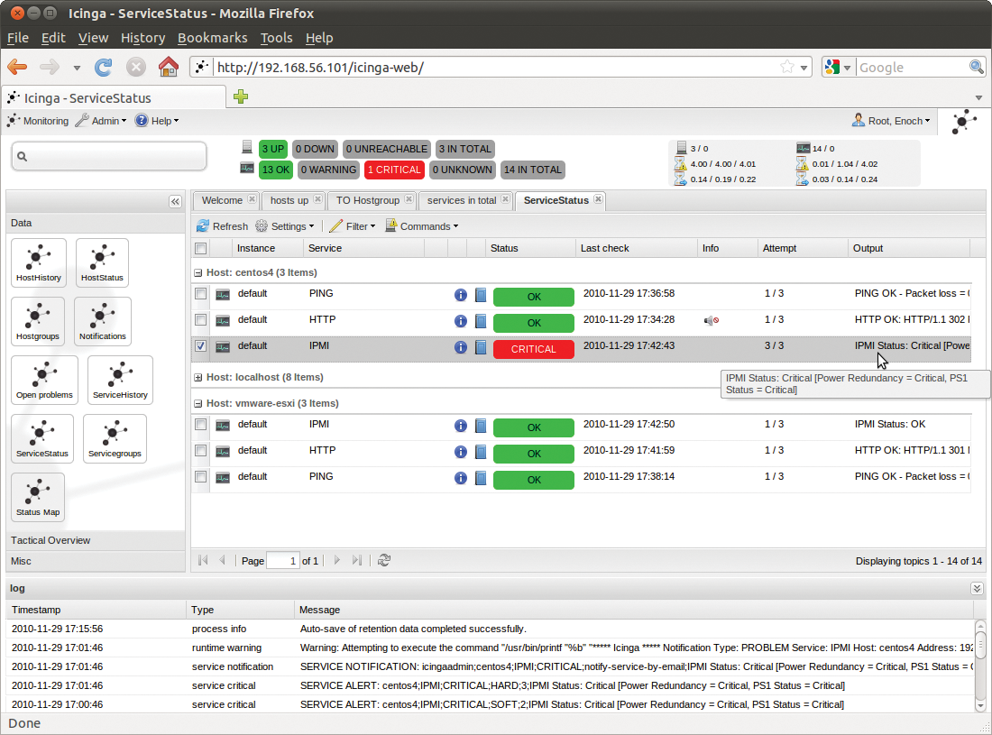 Icinga showing the critical status of the IPMI service in red. Icinga showing the critical status of the IPMI service in red.