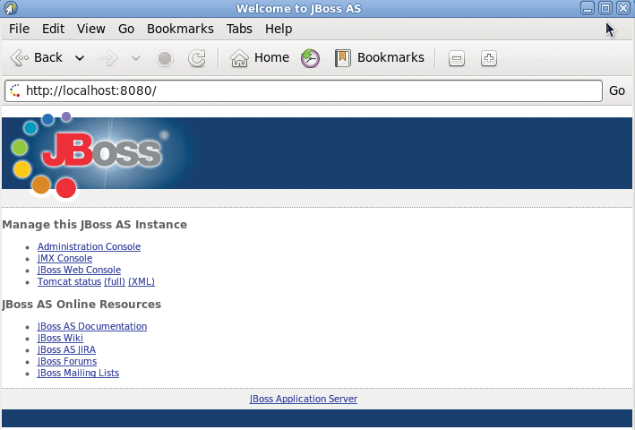 After starting the server, the startup page for the web container provides access to various applications and online resources. After starting the server, the startup page for the web container provides access to various applications and online resources.
