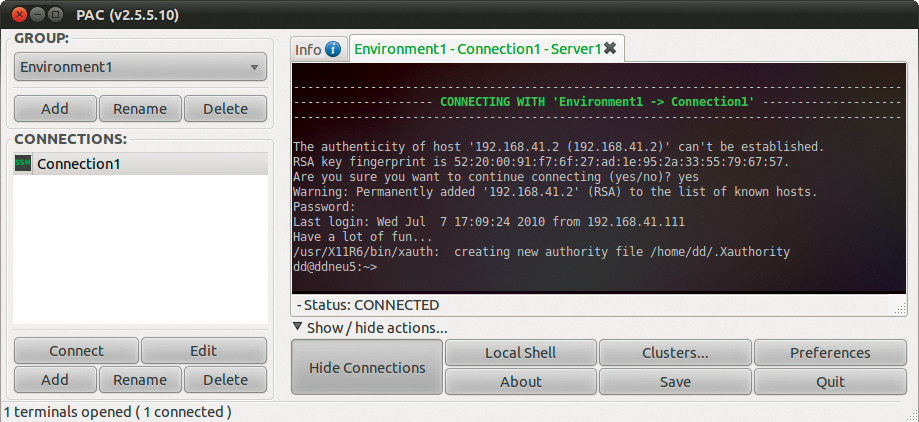 Just click "Connect" to tell PAC to open all of the connections in the list above. Just click "Connect" to tell PAC to open all of the connections in the list above.