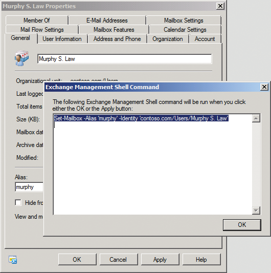 Displaying the command for the management shell in the Exchange management console. Displaying the command for the management shell in the Exchange management console.