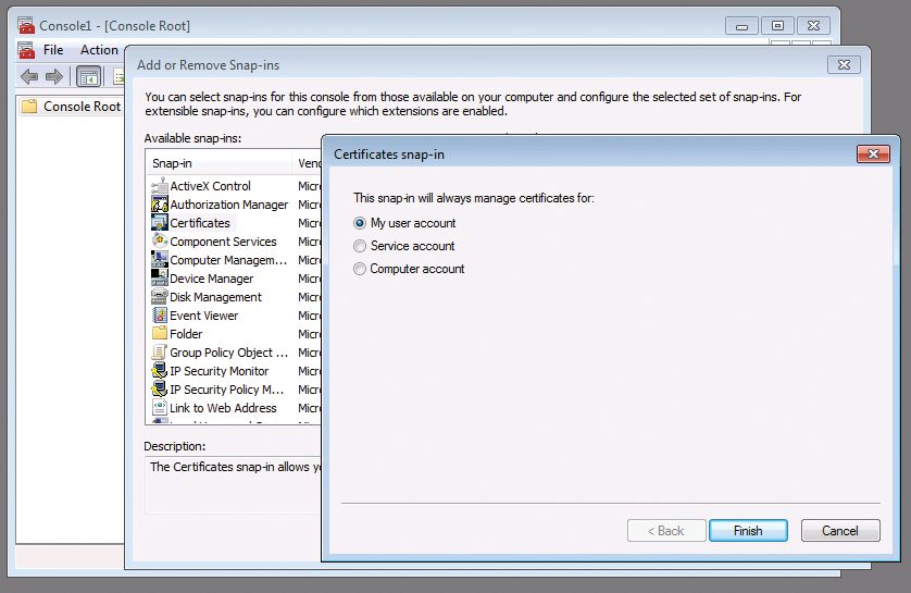 The Microsoft Management Console with the certificate snap-in. The Microsoft Management Console with the certificate snap-in.