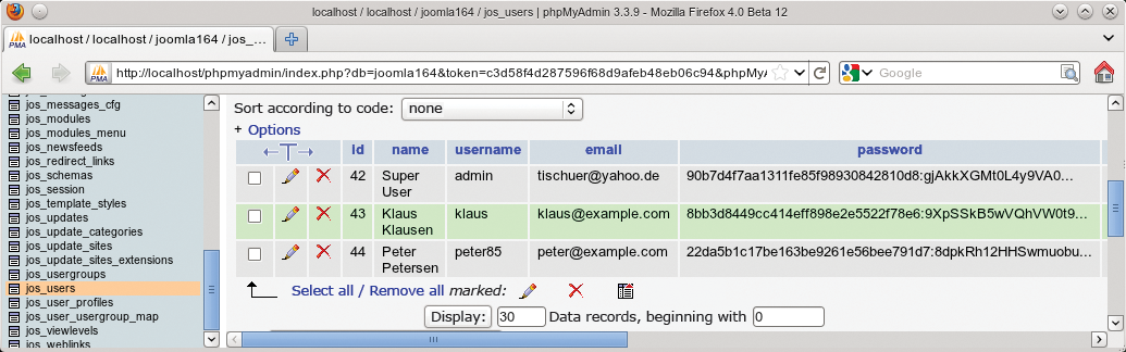 If an attacker has access to the database, they will only see cryptic hash. In this example, PhpMyAdmin shows the Joomla Content Management System, which uses the MD5 approach with a salt. If an attacker has access to the database, they will only see cryptic hash. In this example, PhpMyAdmin shows the Joomla Content Management System, which uses the MD5 approach with a salt.