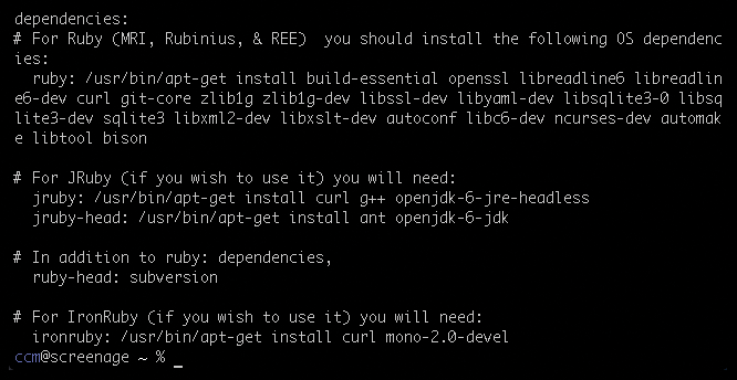 Dependencies for various Ruby interpreters on Ubuntu. Dependencies for various Ruby interpreters on Ubuntu.