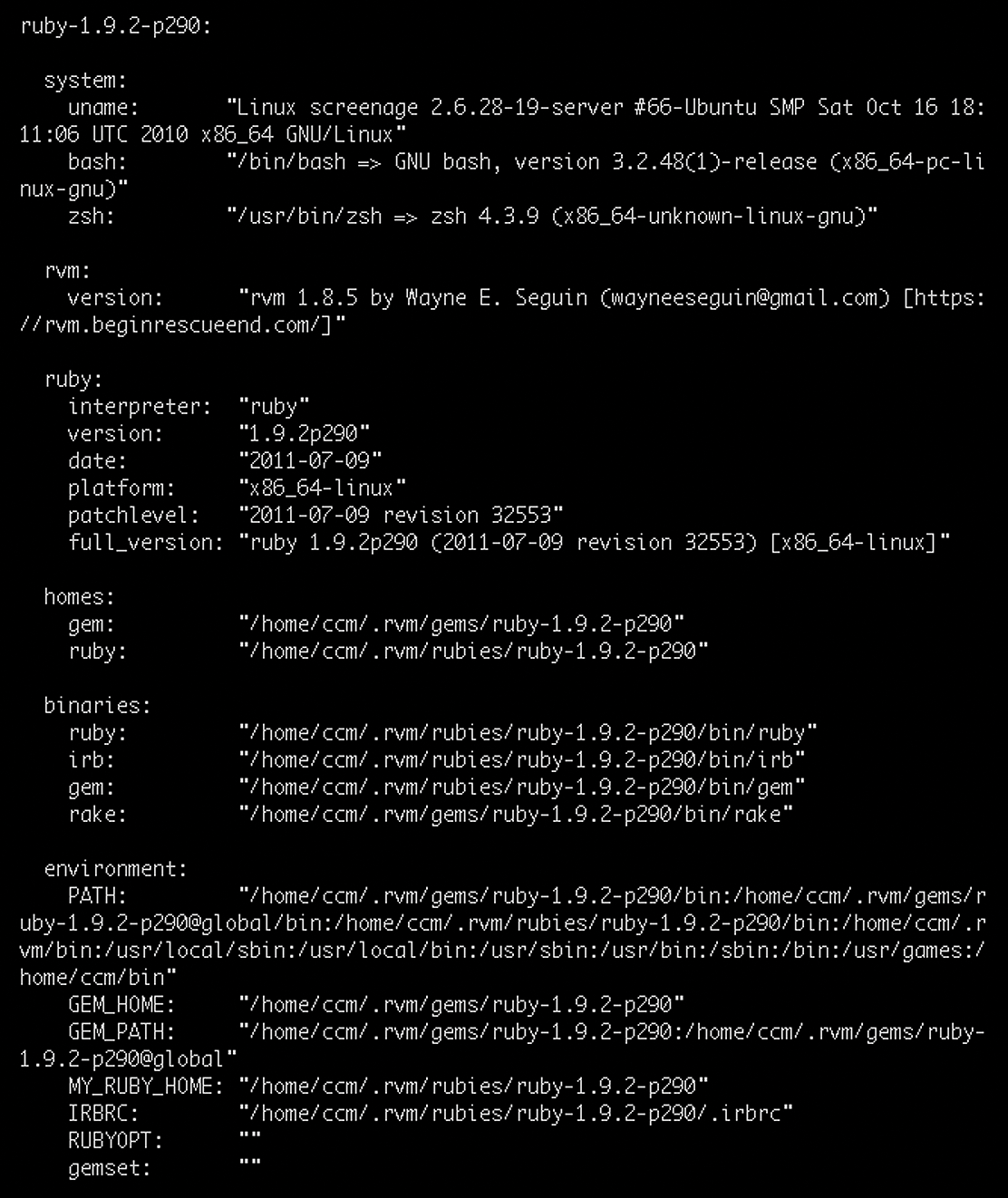 rvm info output after changing to the installed version 1.9.2 of MRI. rvm info output after changing to the installed version 1.9.2 of MRI.