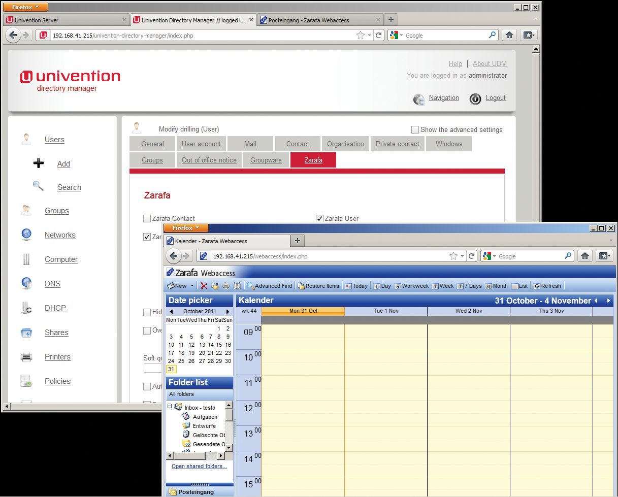 After installing zarafa4ucs, the Zarafa web GUI is available on the Univention server. After installing zarafa4ucs, the Zarafa web GUI is available on the Univention server.