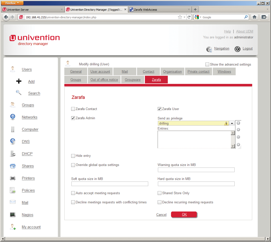 After the zarafa4ucs installation has been completed, Zarafa users can be created in the Univention Directory Manager (UDM); they are then immediately stored in LDAP. After the zarafa4ucs installation has been completed, Zarafa users can be created in the Univention Directory Manager (UDM); they are then immediately stored in LDAP.