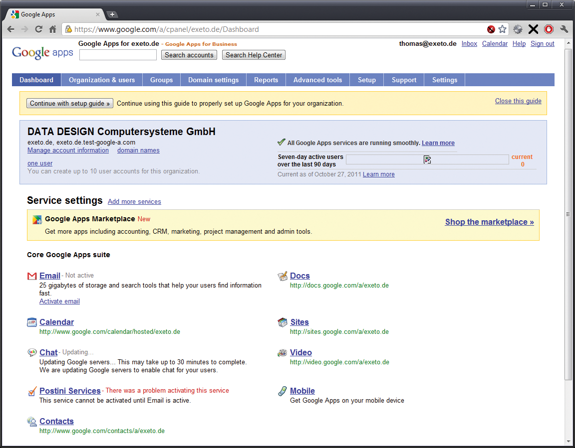The dashboard in the Google Apps administration section. The dashboard in the Google Apps administration section.