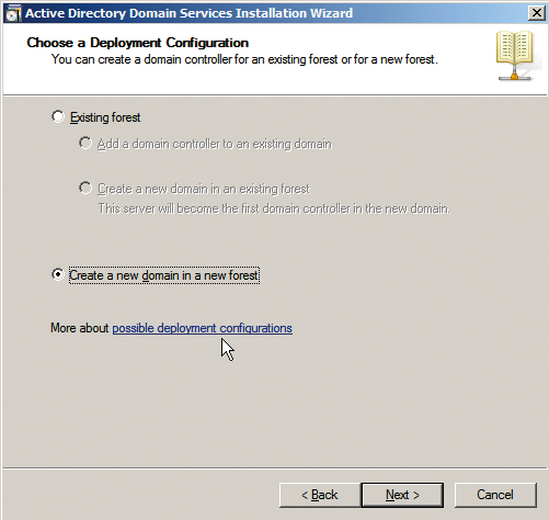 When promoting a server to a domain controller, you can choose to use the server as an additional domain controller for an existing Active Directory forest or to create a completely new directory tree. When promoting a server to a domain controller, you can choose to use the server as an additional domain controller for an existing Active Directory forest or to create a completely new directory tree.