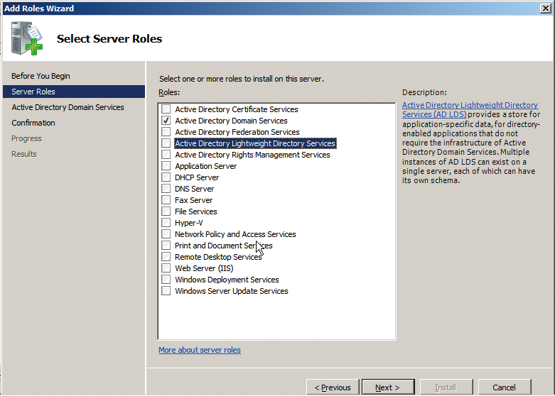 Selecting the server roles during the install. Selecting the server roles during the install.