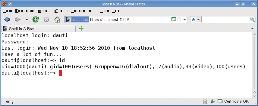 Shell In A Box looks like a genuine command line at first glance. Shell In A Box looks like a genuine command line at first glance.