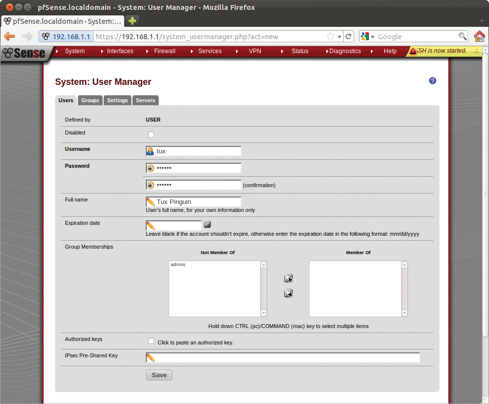 The Expiration Date option lets you define the date on which pfSense automatically disables the user account. The Expiration Date option lets you define the date on which pfSense automatically disables the user account.