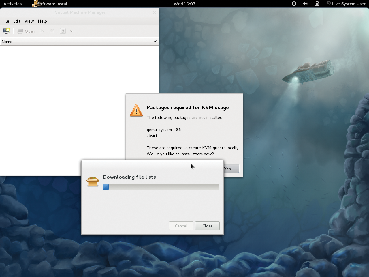 As a Yum/RPM-based system, Fedora will install missing packages on the fly when you launch the Virtual Machine Manager. As a Yum/RPM-based system, Fedora will install missing packages on the fly when you launch the Virtual Machine Manager.