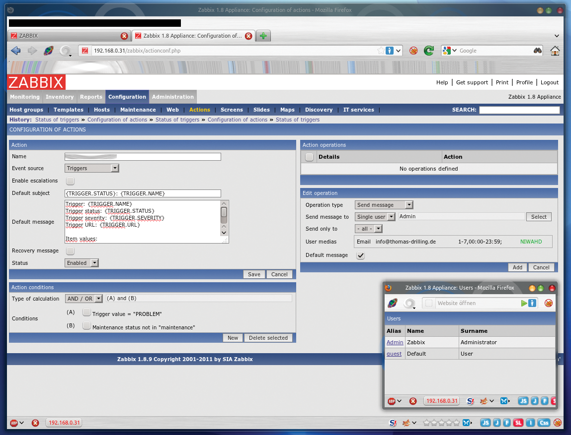 Actions complete the interaction between items, triggers, and alerts and defines the action to take for a trigger event. Actions complete the interaction between items, triggers, and alerts and defines the action to take for a trigger event.
