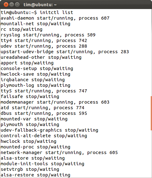 The initctl list command returns the status for all jobs. The initctl list command returns the status for all jobs.