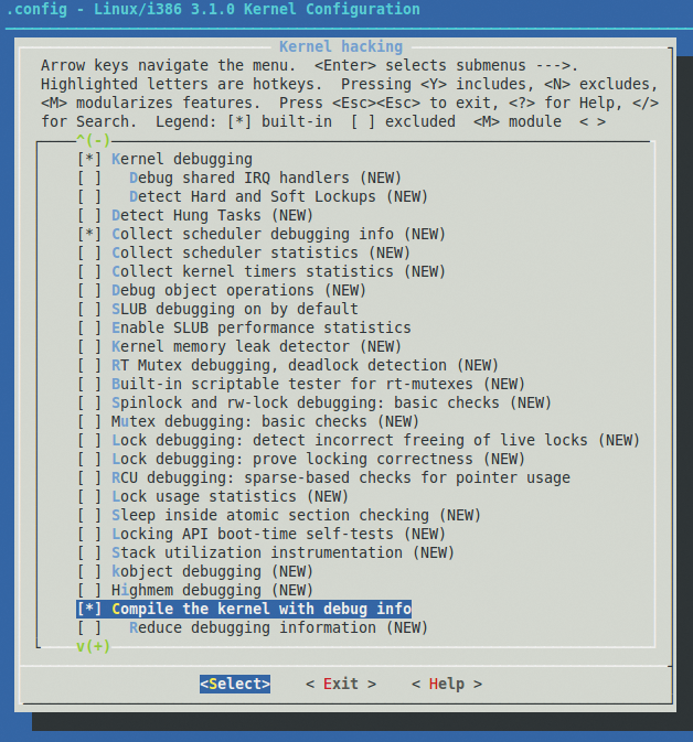 The kernel options required for debugging are located in the Kernel hacking menu. The kernel options required for debugging are located in the Kernel hacking menu.