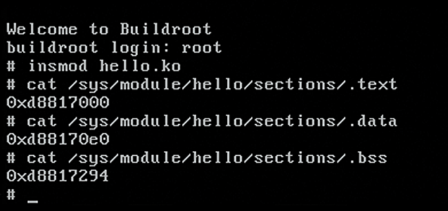 After logging in as root, load the kernel module in Qemu and determine the code and data segment addresses. After logging in as root, load the kernel module in Qemu and determine the code and data segment addresses.