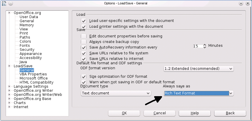 Setting RTF as the standard file type. Setting RTF as the standard file type.