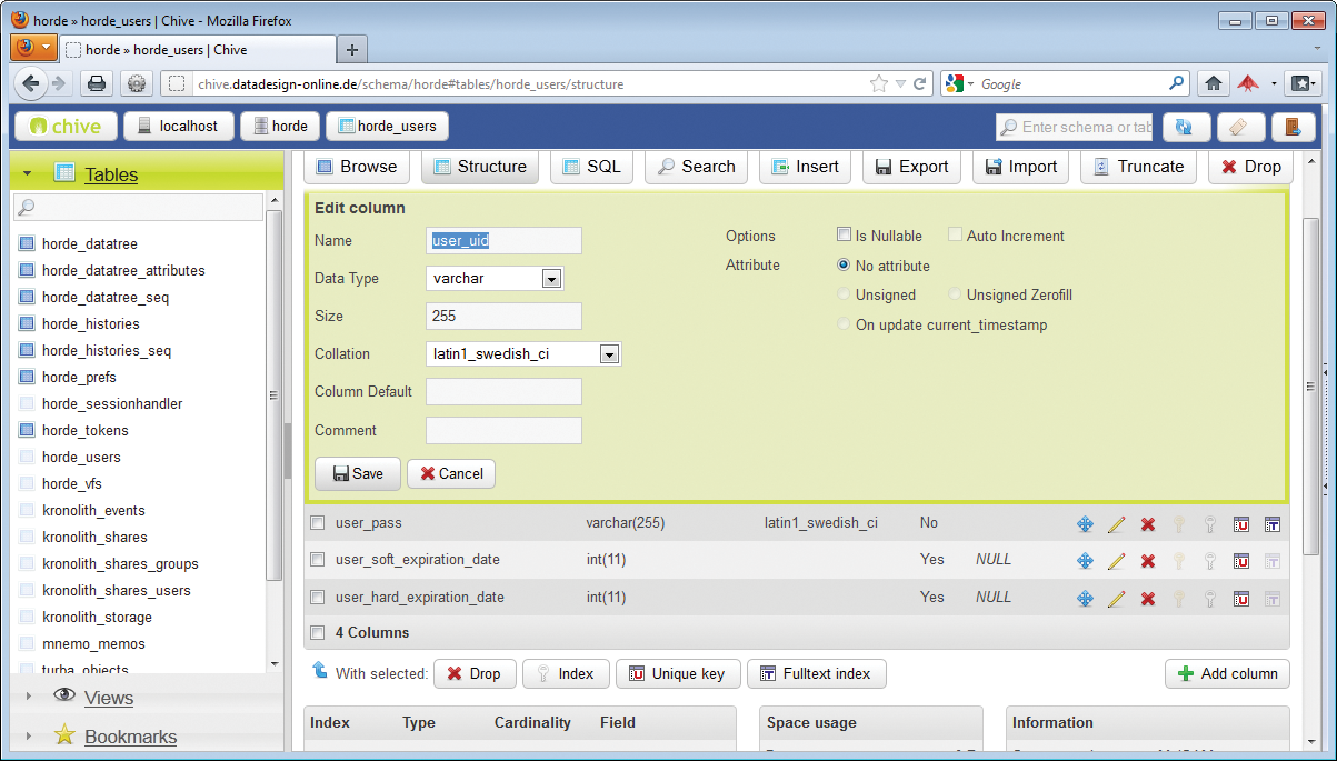 The navigation area allows the selected database table view to expand. The navigation area allows the selected database table view to expand.